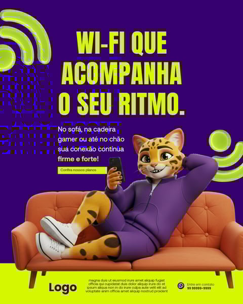 Wi-fi Rápido E Estável Para Casa, Conexão Que Acompanha Seu Ritmo. Mascote Digital Relaxando No Sofá Com Smartphone Social Media PSD Editável