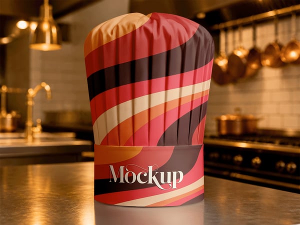 CHAPÉU DE CHEF MOCKUP EM COZINHA BANCADA AO FUNDO