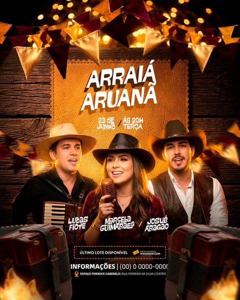 Flyer de Show São João Arraiá Aruanã Junho Festa  Evento PSD Editável