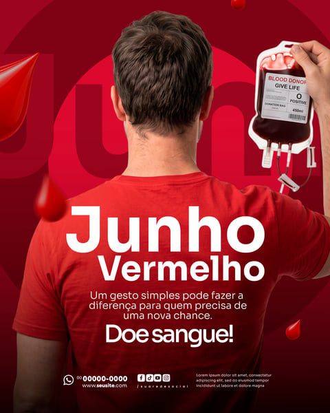 CAMPANHA JUNHO VERMELHO MÊS DE CONSCIENTIZAÇÃO DOAÇÃO DE SANGUE SOCIAL MEDIA PSD EDITÁVEL