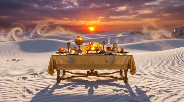BANQUETE LUXO DESERTO AREIA SURREALISMO MESA POSTA JANTAR EXCLUSIVO CENÁRIO EXÓTICO 01