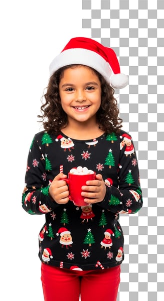IMAGEM PARA COMPOSIÇÃO CRIANÇA MENINA COM ROUPA NATALINA SEGURANDO UMA CANECA COM MARSHMALLOW PSD