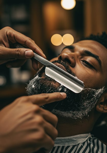 BARBEIRO NEGRO USANDO NAVALHA CLÁSSICA PARA DEFINIR O CONTORNO DA BARBA DE UM HOMEM NEGRO