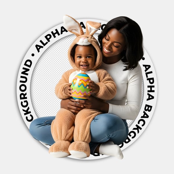 CRIANÇA NEGRA NO COLO DA MÃE NEGRA COM UMA FANTASIA DE COELHINHO DA PÁSCOA SENTADA SEGURANDO UM OVO DA PÁSCOA 01