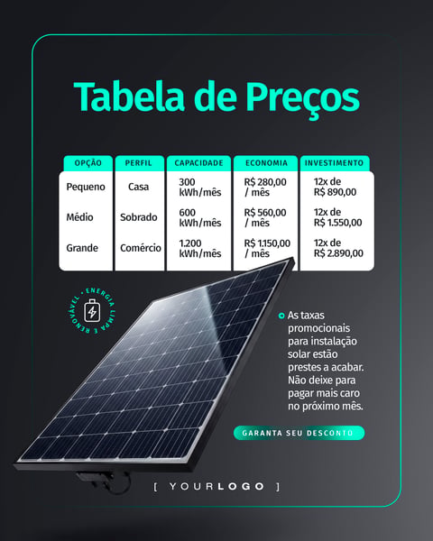 TABELA DE PREÇOS ENERGIA SOLAR SOCIAL MEDIA PSD EDITÁVEL