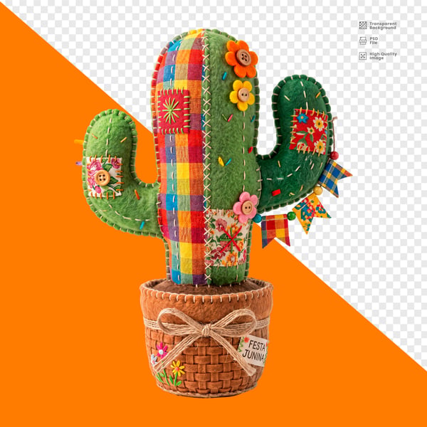 CACTO FESTA JUNINA FELTRO PATCHWORK COLORIDO VASO PALHA TRANCADA PNG TRANSPARENTE