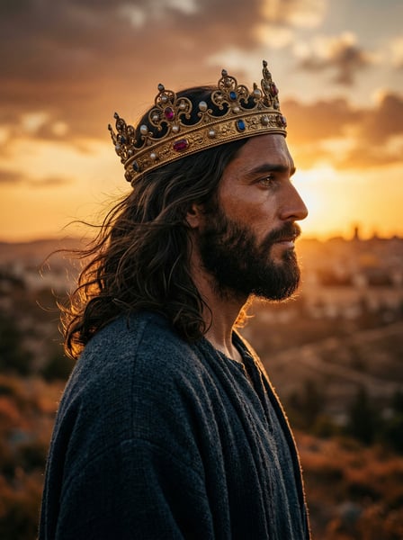 RETRATO DE PERFIL DE JESUS CRISTO COM COROA REAL DE OURO E PEDRARIAS AO PÔR DO SOL