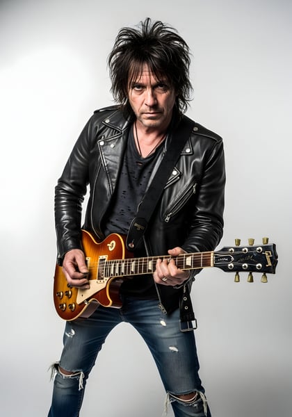 GUITARRISTA DE BANDA DE ROCK JAQUETA PRETA E GUITARRA 01