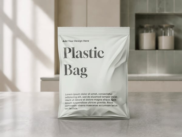 EMBALAGEM PLÁSTICA MOCKUP EM SUPERFÍCIE INTERNA VISTA FRONTAL