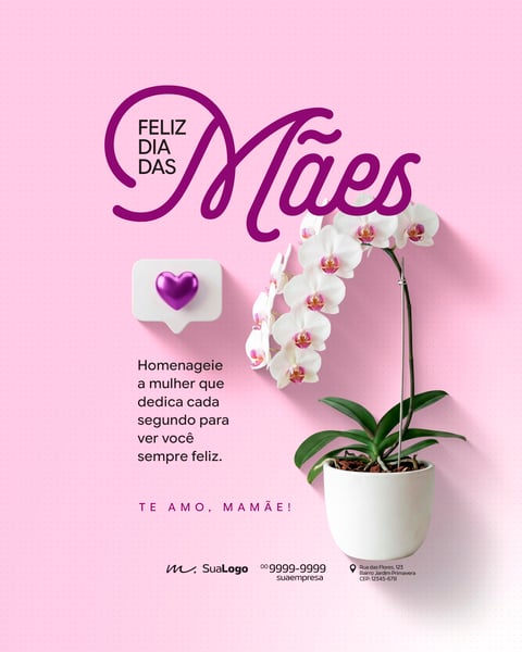 CARTÃO DE FELICITAÇÕES MINIMALISTA DE DIA DAS MÃES COM ORQUÍDEA BRANCA NO VASO E ÍCONE DE CORAÇÃO 3D ROXO