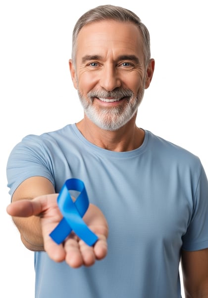 NOVEMBRO AZUL HOMEM SORRIDENTE COM FITA AZUL PARA CONSCIENTIZAÇÃO DO CÂNCER DE PRÓSTATA E SAÚDE MASCULINA