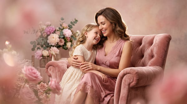 IMAGEM PARA COMPOSIÇÃO CINEMATOGRÁFICA MÃE EM UMA POLTRONA ABRAÇANDO A FILHA