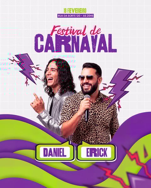 POST FEED CARNAVAL FESTA VIBRANTE ESTILO MODERNO ROXO VERDE PSD EDITÁVEL