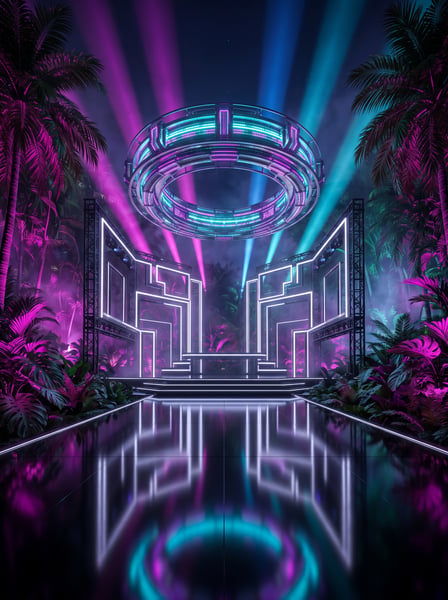 PORTAL FUTURISTA TROPICAL COM ANEL HOLOGRÁFICO AZUL E ROSA