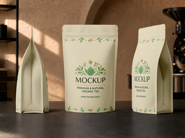 EMBALAGEM STAND UP MOCKUP EM SUPERFÍCIE INTERNA VISTA FRONTAL