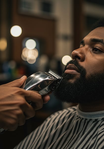 BARBEIRO NEGRO APARANDO A BARBA DE UM HOMEM NEGRO