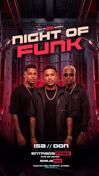 FLYER BAILE FUNK TRIO DE ARTISTAS PALCO VERMELHO NOTURNO STORY PSD EDITÁVEL