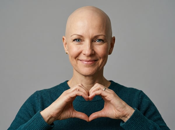 MULHER CARECA SORRINDO E FAZENDO SINAL DE CORAÇÃO COM AS MÃOS SOBRE FUNDO CINZA
