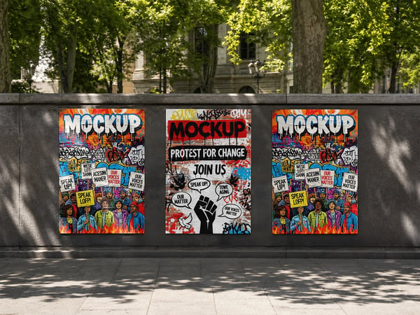 Tres posters mockup no muro do parque sombra de árvores