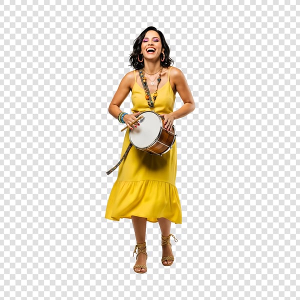 MULHER PAGODEIRA COM ROUPA VESTIDO AMARELA E TOCANDO TAMBORIM 3