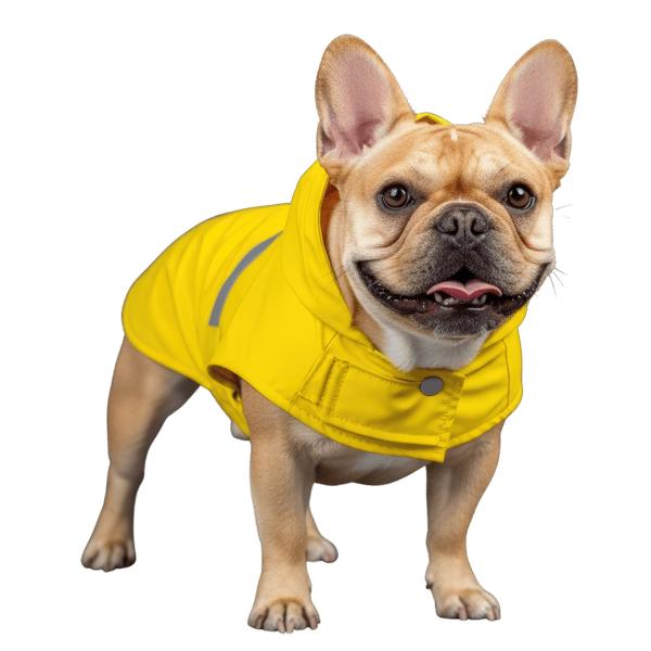 BULLDOG FRANCÊS COM CAPA DE CHUVA AMARELA 2