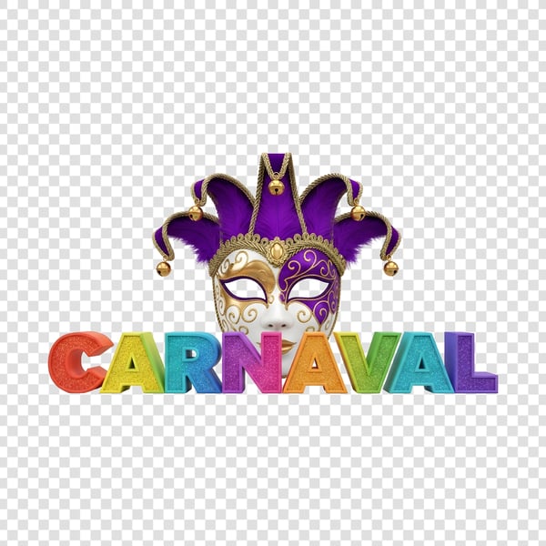 TEXTO COLORIDO ESTILIZADO PARA O CARNAVAL COM BRILHO E UMA MÁSCARA DE CARNAVAL ATRÁS SELO 3D 01