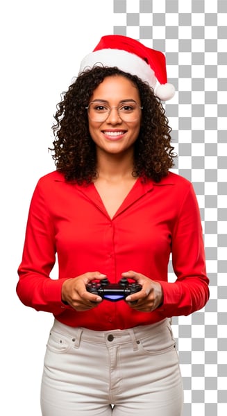 IMAGEM PARA COMPOSIÇÃO MULHER VENDEDORA SEGURANDO UM CONTROLE DE VIDEOGAME NAS MÃOS PSD
