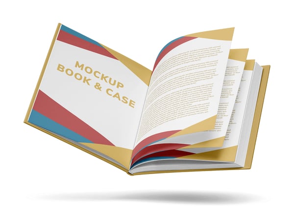 LIVRO DE ARTE MOCKUP COM PÁGINAS SUSPENSAS VISTA EM PERSPECTIVA
