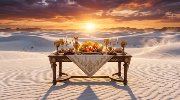 BANQUETE LUXO DESERTO AREIA SURREALISMO MESA POSTA JANTAR EXCLUSIVO CENÁRIO EXÓTICO 01 3