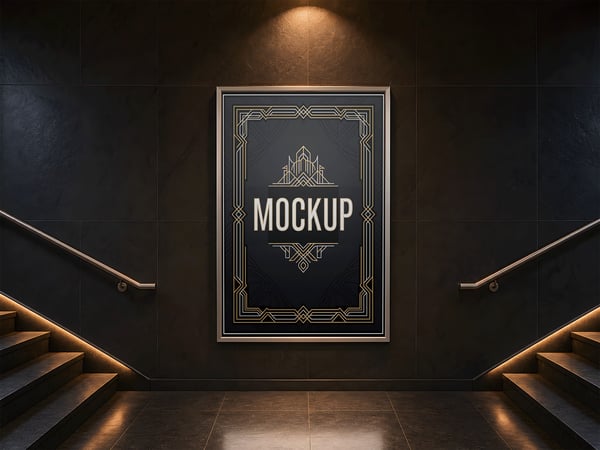 POSTER EMOLDURADO MOCKUP ENTRE ESCADAS VISTA LATERAL