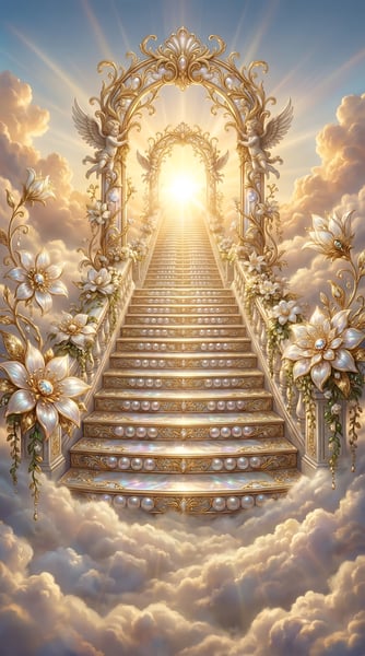 Fundo com um portal para o céu detalhes dourados e nuvens 01