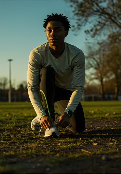 Homem negro jovem, com roupas esportivas, agachado, amarrando os tênis.