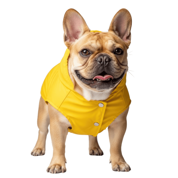 BULLDOG FRANCÊS COM CAPA DE CHUVA AMARELA 1