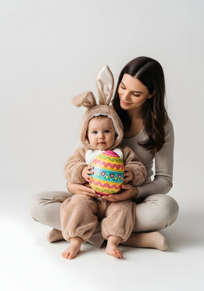CRIANÇA NO COLO DA MÃE COM UMA FANTASIA DE COELHINHO DA PÁSCOA SENTADA SEGURANDO UM OVO DA PÁSCOA 02