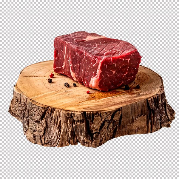 IMAGEM - AÇOUGUE - ANCHO - CARNE BOVINA ANCHO EM CIMA DE TÁBUA DE MADEIRA RÚSTICA COM FUNDO TRANSPARENTE