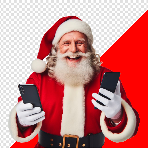 IMAGEM DE PAPAI NOEL SEGURANDO CELULARES SEM FUNDO