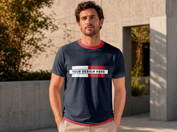 Camiseta mockup em pátio moderno vista frontal