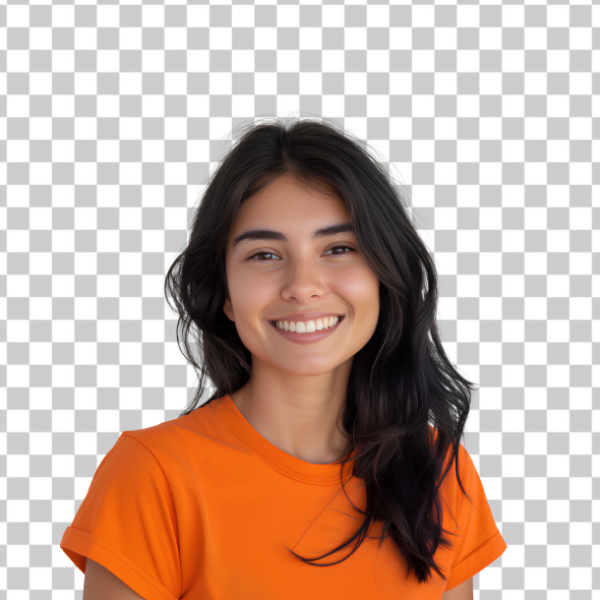 MULHER SORRIDENTE COM ROUPA LARANJA