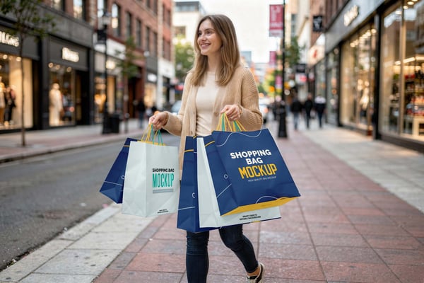 MULHER COM SACOLA DE COMPRA PSD EDITÁVEL MOCKUP