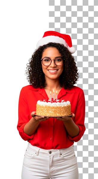 IMAGEM PARA COMPOSIÇÃO MULHER VENDEDORA SEGURANDO UM BOLO COM VELA NAS MÃOS PSD