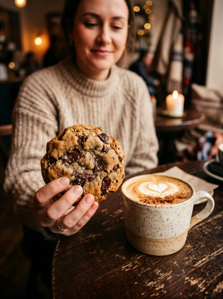 MULHER TOMANDO UM CAFÉ DA MANHÃ E COMENDO COOKIES 3