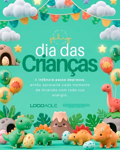 FELIZ DIA DAS CRIANÇAS DINOSSAUROS 3D SOCIAL MEDIA FLYER PSD EDITÁVEL