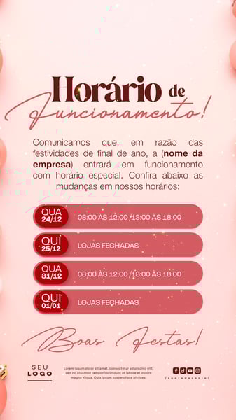 HORÁRIO DE FUNCIONAMENTO / RECESSO