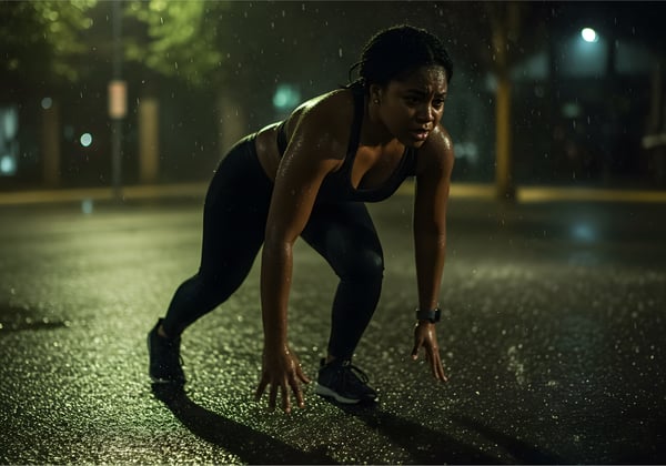 Mulher negra jovem, com roupas fitness, respirando fundo após esforço físico intenso.