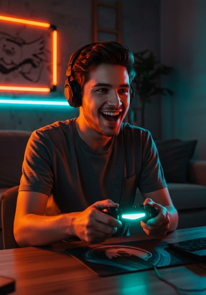 JOVEM FELIZ JOGANDO VIDEOGAME COM FONES DE OUVIDO CONTROLE ILUMINADO E LUZES NEON EM AMBIENTE NOTURNO
