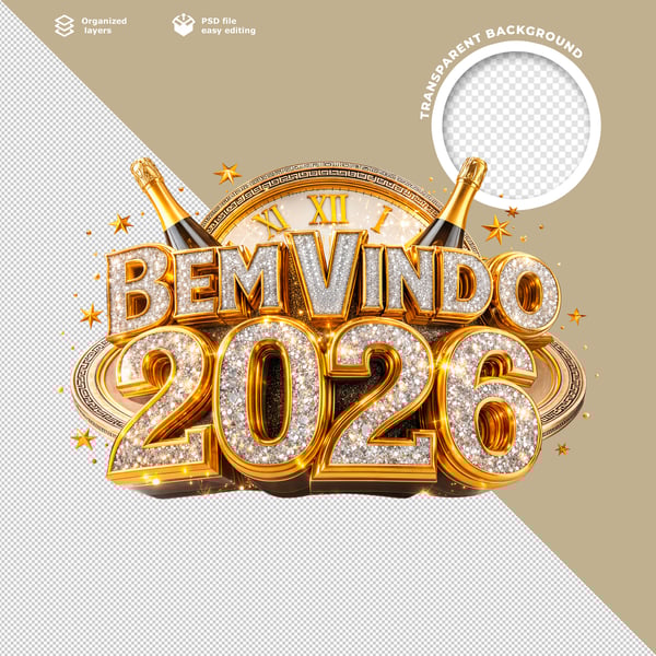 BEM VINDO 2026 3D DOURADO METALICO COM CRISTAIS E EFEITO BRILHANTE