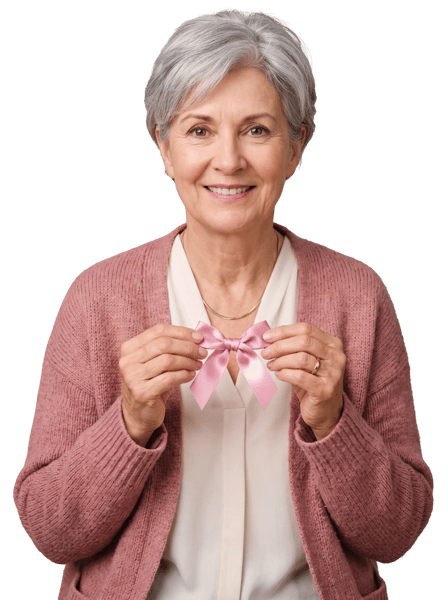 PINK AWARENESS RIBBON HELD BY A SMILING OLDER WOMAN