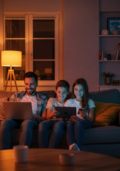 FAMÍLIA FELIZ COM DISPOSITIVOS DIGITAIS PAI E FILHOS USANDO LAPTOP TABLET E CELULAR NO SOFÁ NOITE EM CASA