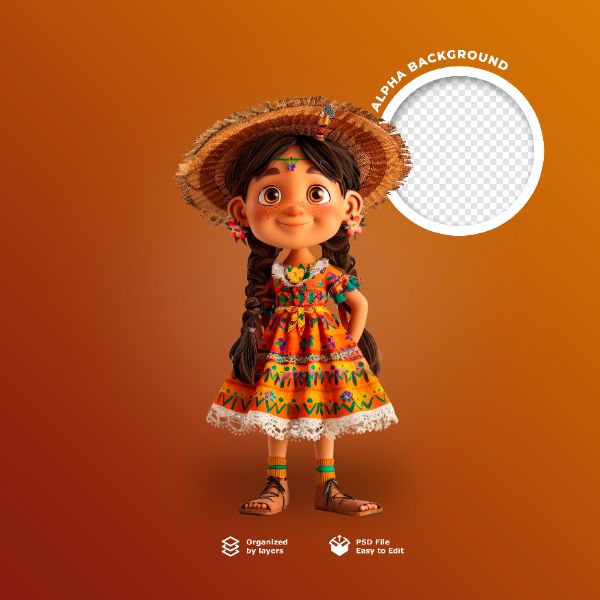 UMA BONECA 3D COM CHAPÉU DE PALHA PARA FESTA JUNINA