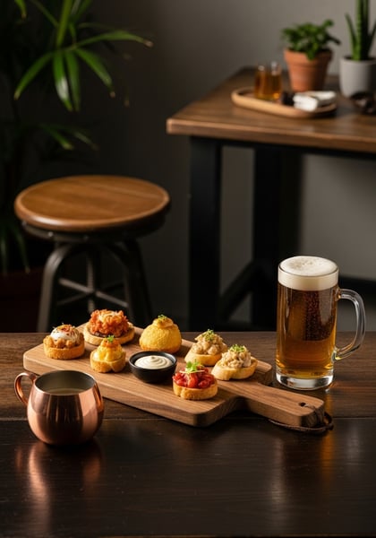 Cerveja clara com tábua de finger foods gourmet